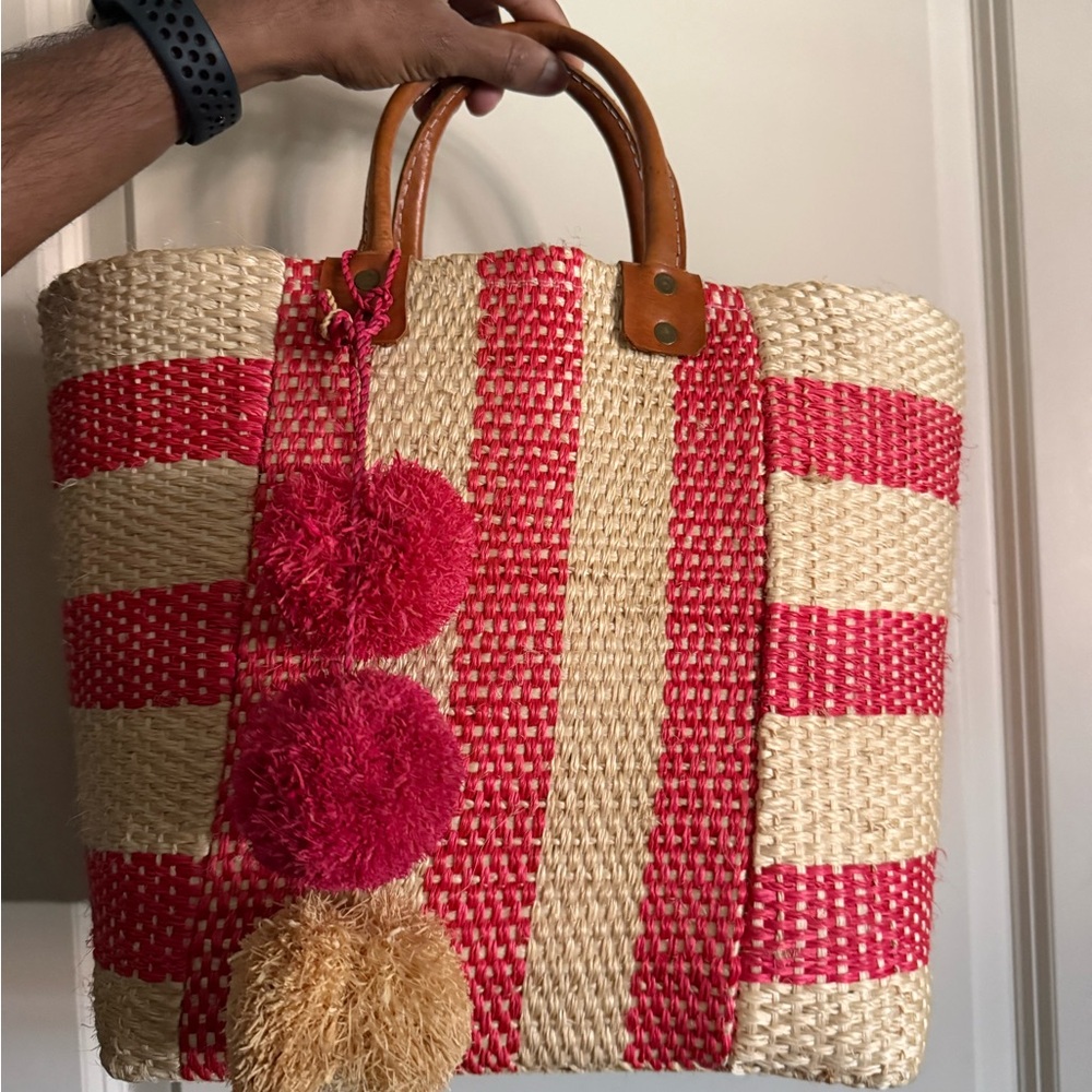 Mar Y Sol - Handwoven Straw Tote with Pink Stripe Accents and Pom-Poms